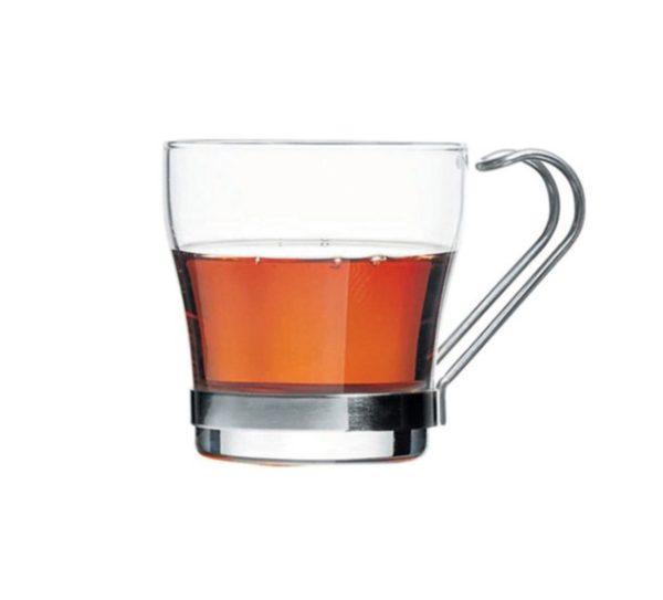 Set 6 cesti cafea sau ceai din sticla cu maner din inox la yena.ro